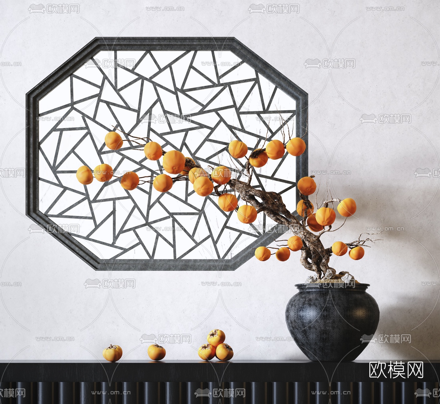 新中式柿子植物盆栽3d模型下载