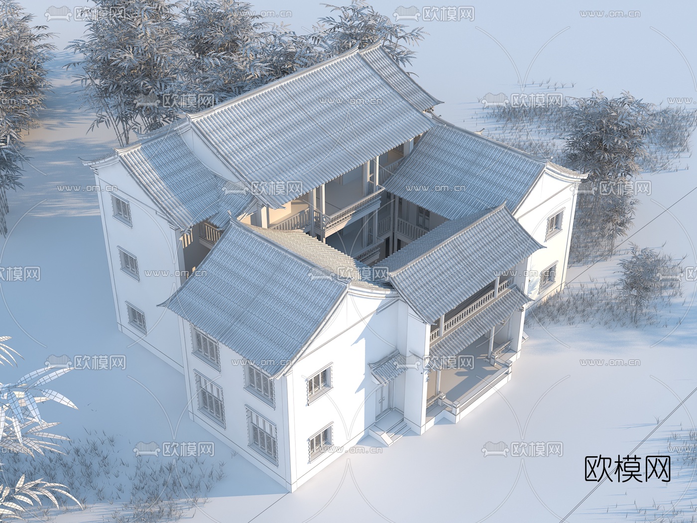 中式古建别墅外观3d模型下载（渲染图4）