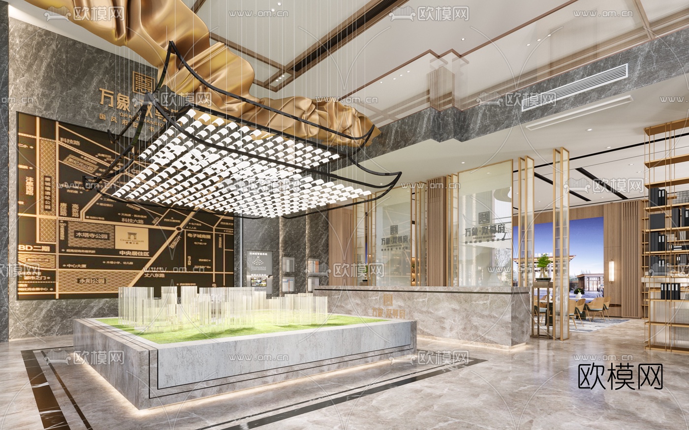 新中式售楼处沙盘区3d模型下载（渲染图3）
