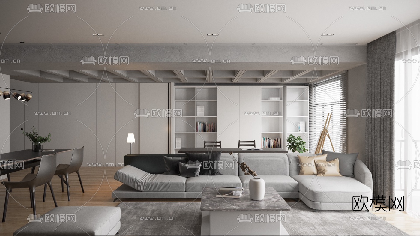 工业风简约客厅餐厅3d模型下载（渲染图2）