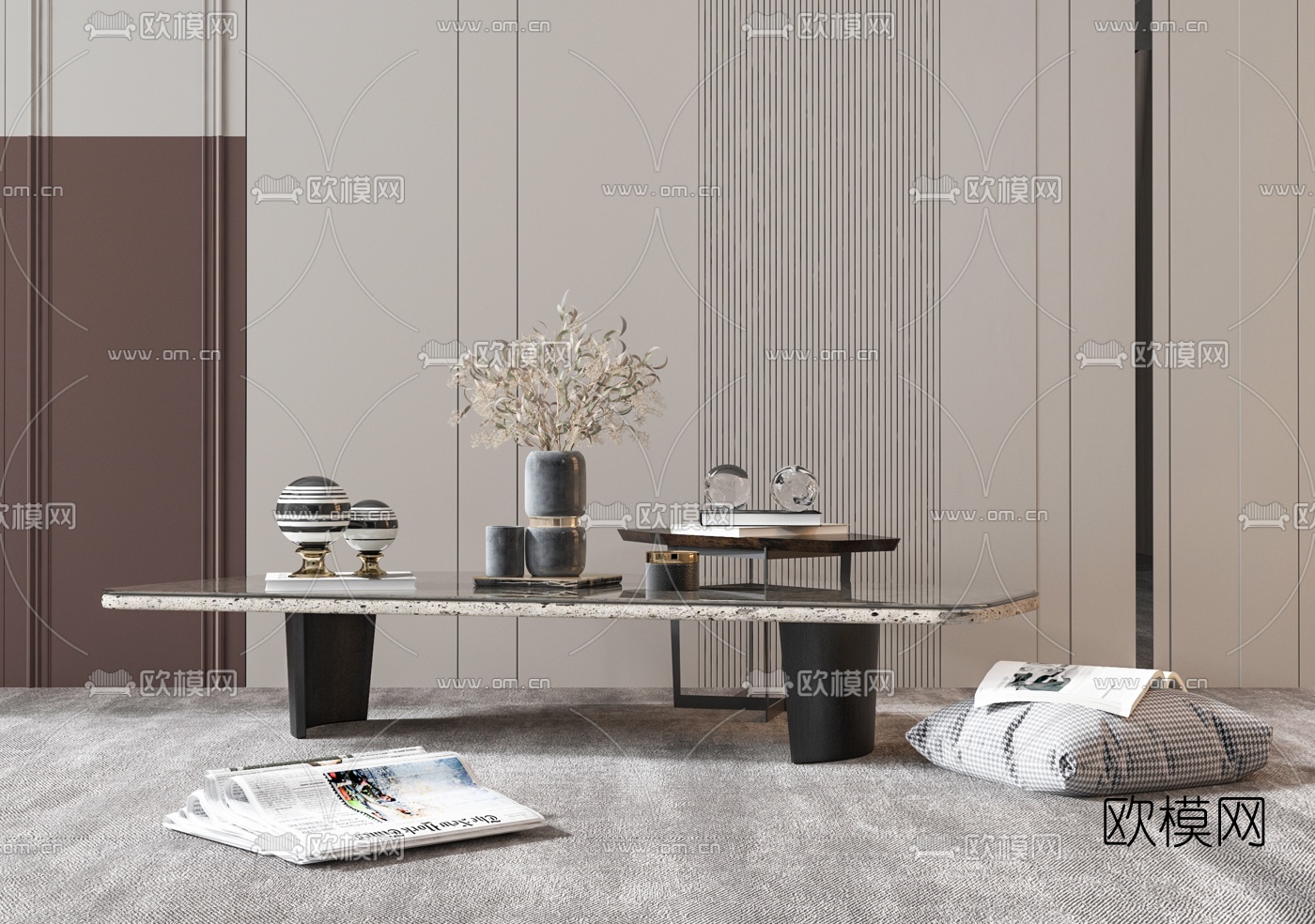 现代轻奢大理石茶几su模型下载（渲染图2）