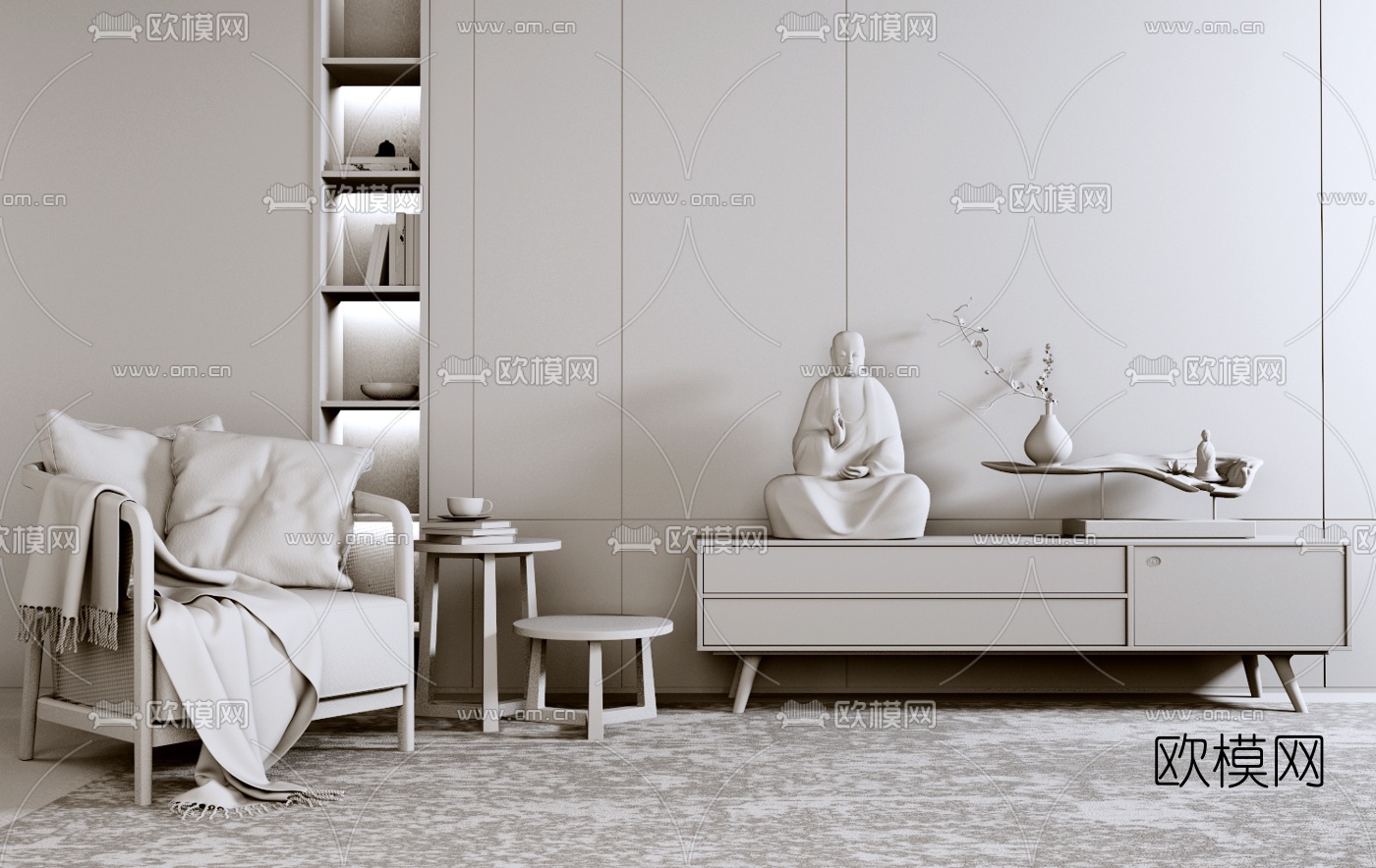 新中式实木电视柜休闲椅3d模型下载（渲染图2）