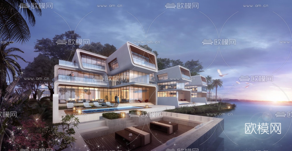 现代滨海度假别墅外观su模型下载（渲染图1）