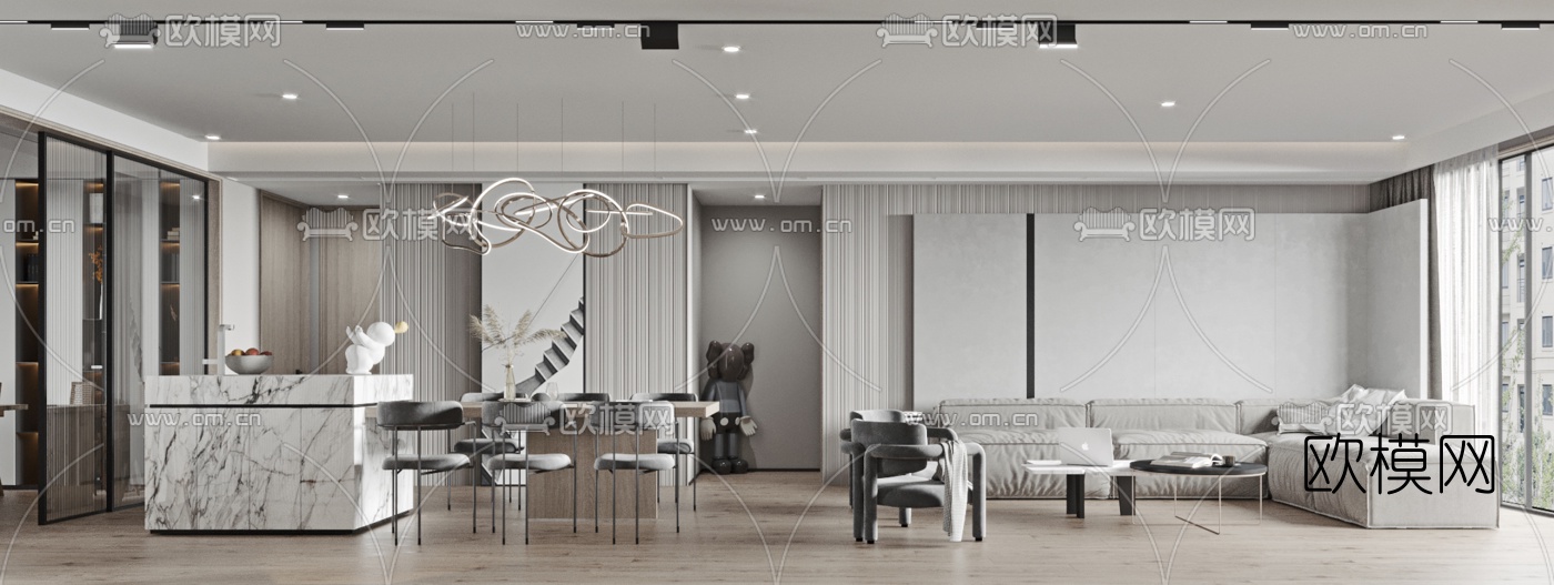 现代高级灰客厅餐厅3d模型