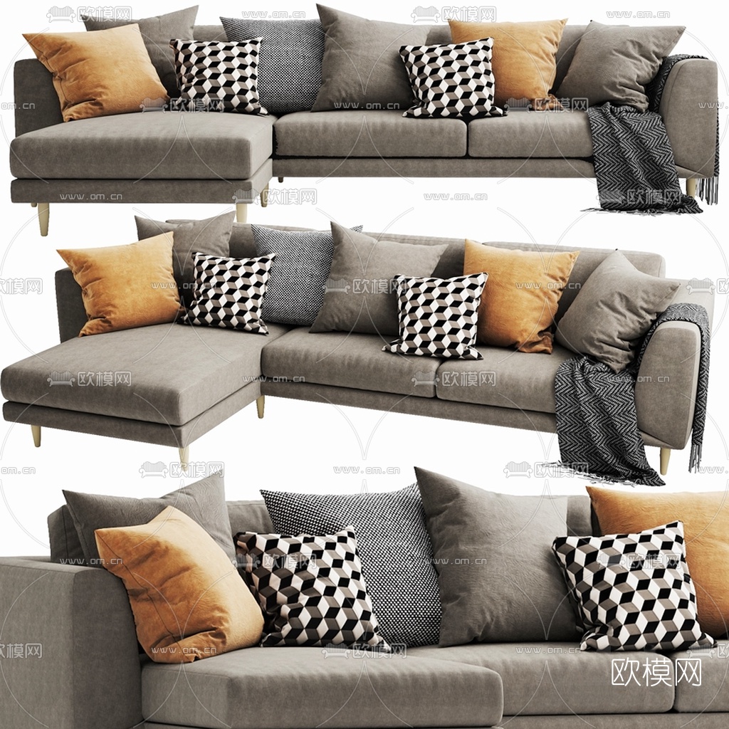 现代布艺转角多人沙发3d模型下载（渲染图1）