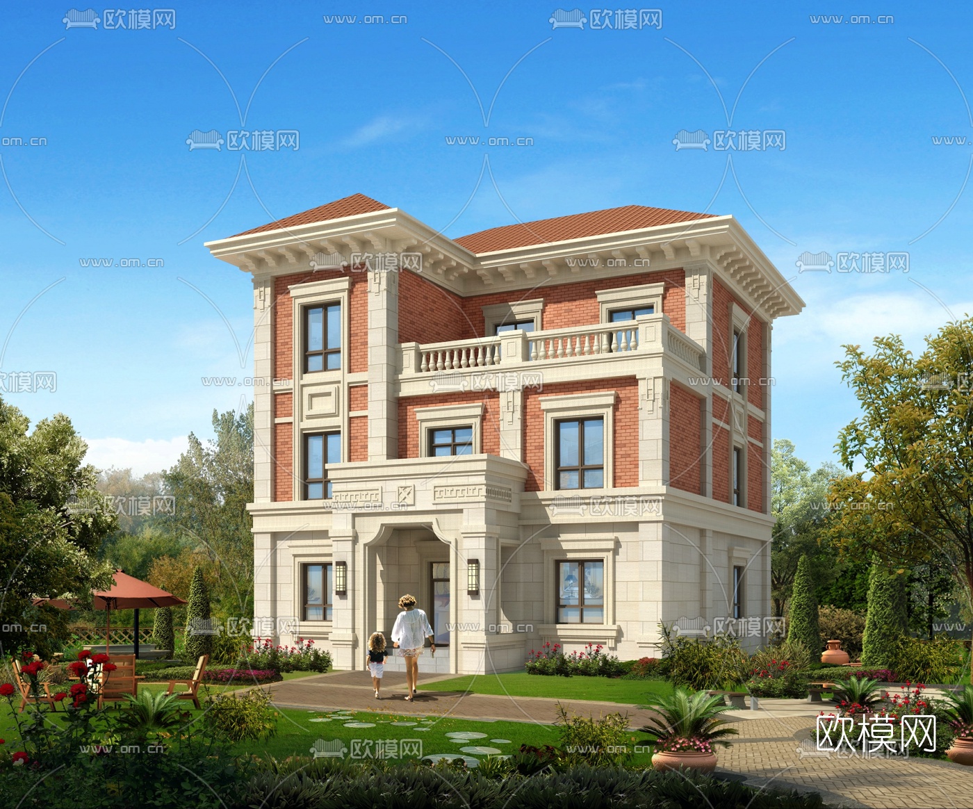 欧式独栋别墅外观su模型下载（渲染图1）