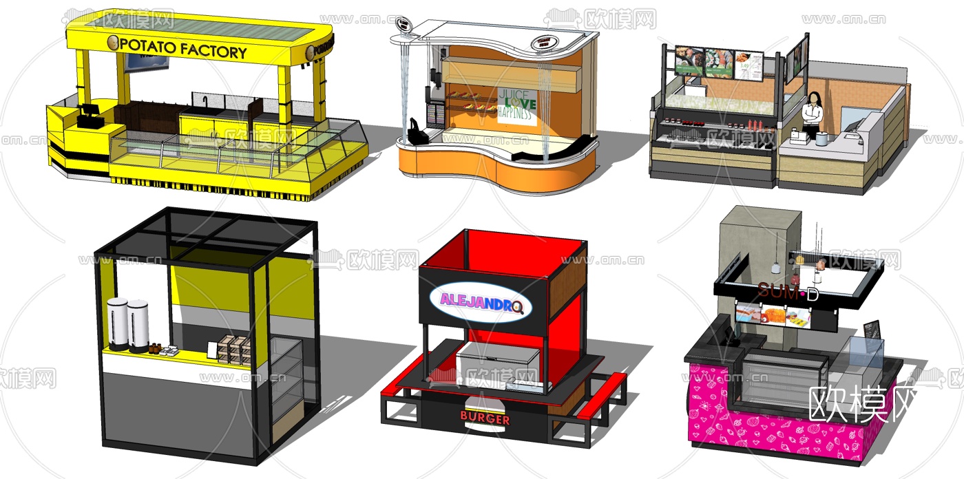 现代快餐售卖摊位档口su模型下载