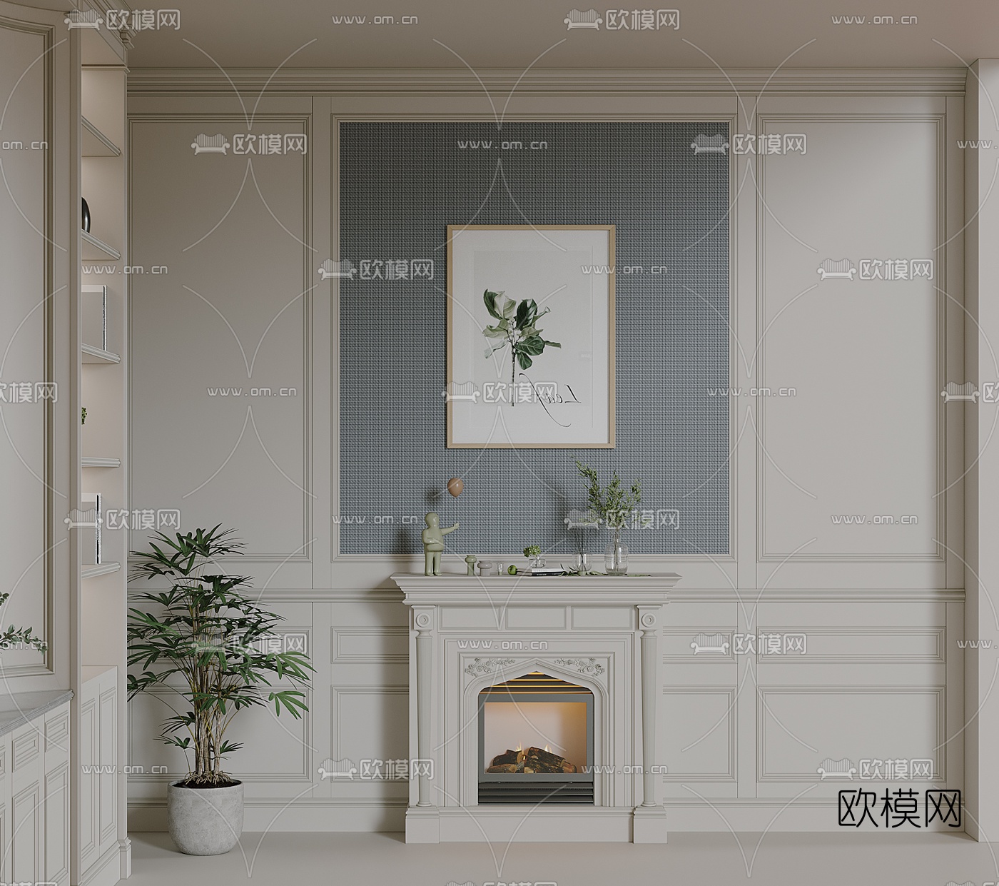 美式护墙板壁炉3d模型下载（渲染图2）
