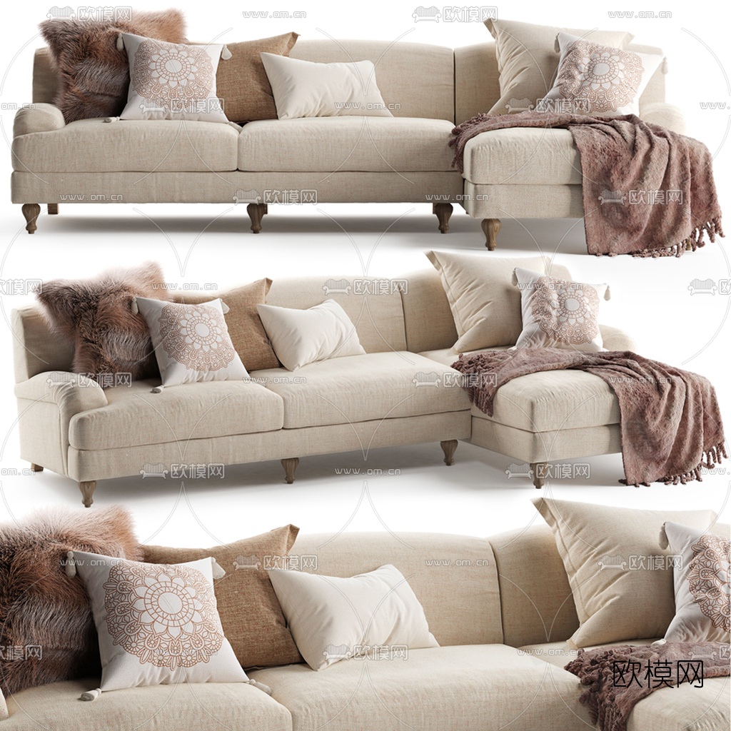 北欧布艺多人转角沙发3d模型下载（渲染图1）