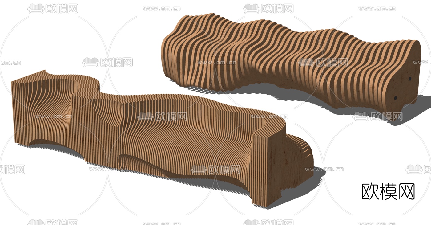 现代异形木条公用椅su模型下载（渲染图2）