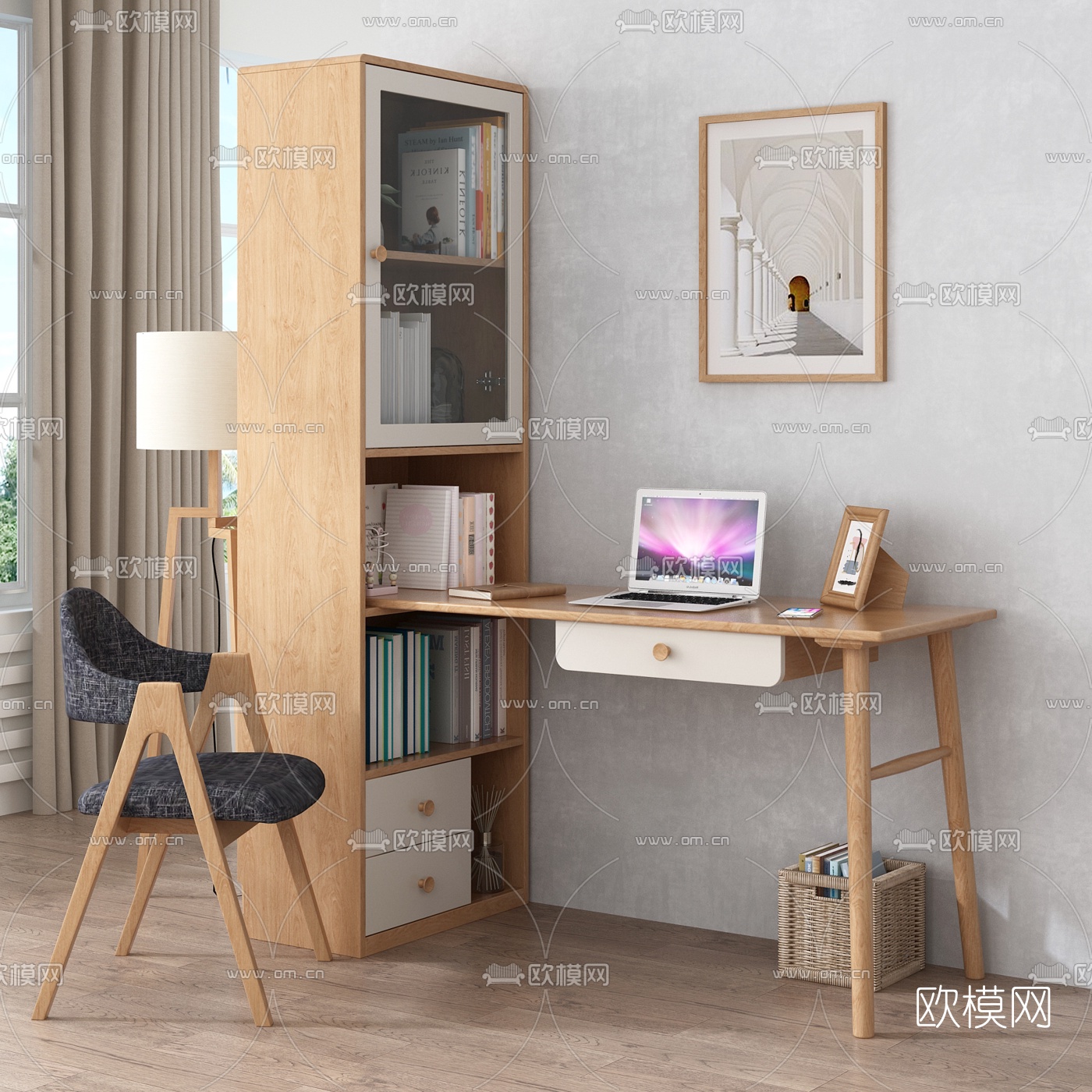 北欧一体书桌椅3d模型下载