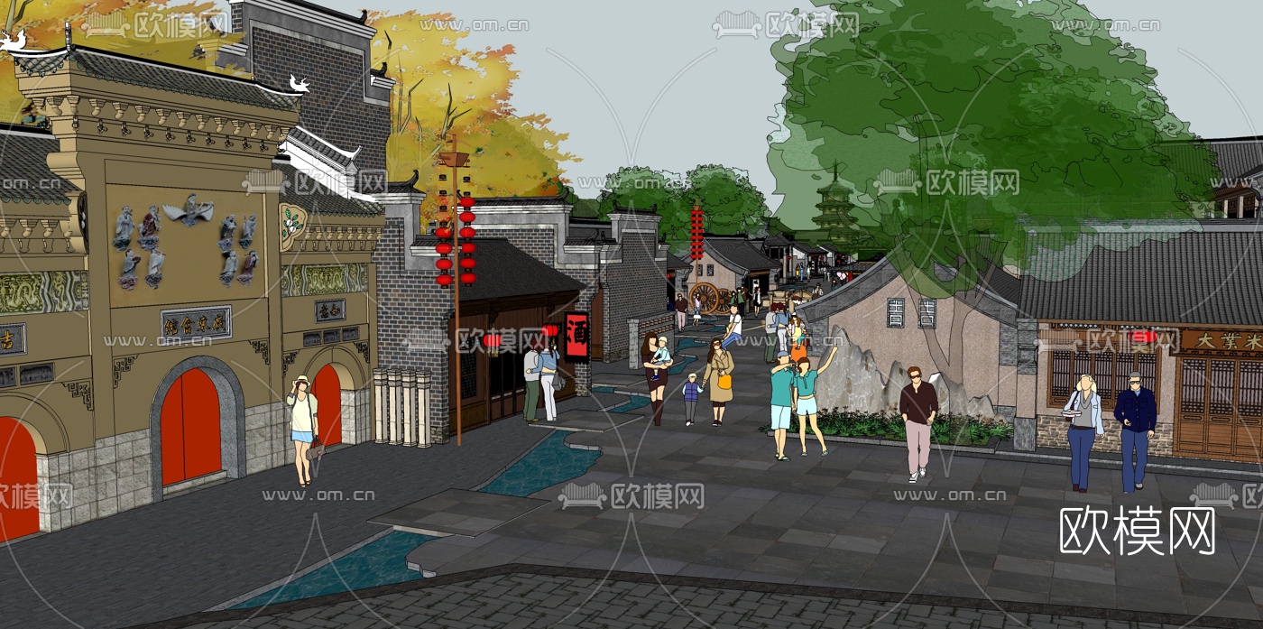 新中式民俗商业街su模型下载（渲染图3）