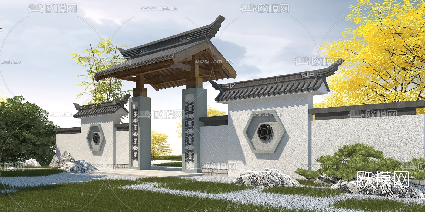 中式古建庭院围墙大门3d模型下载