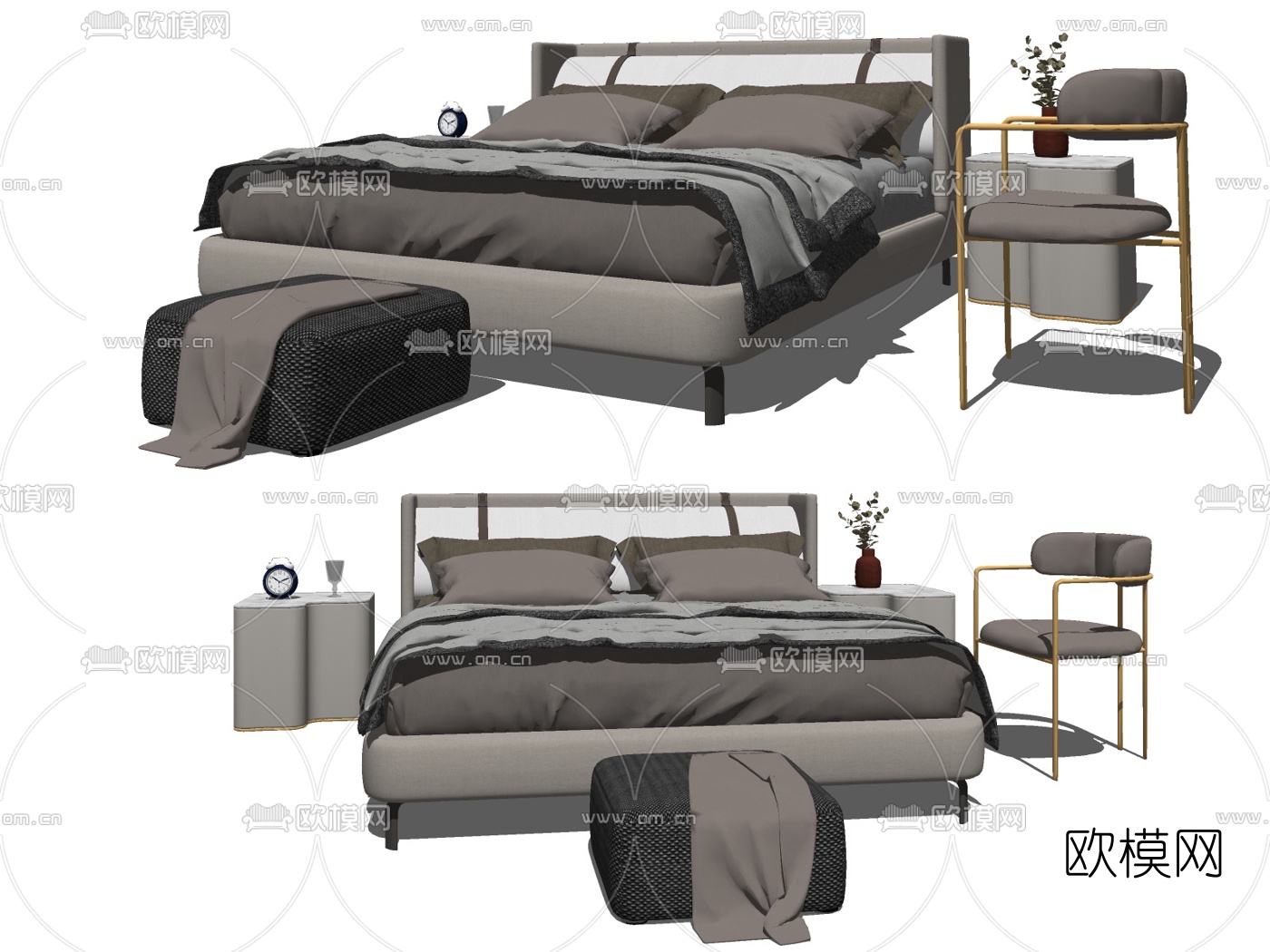 现代布艺双人床su模型下载（渲染图2）