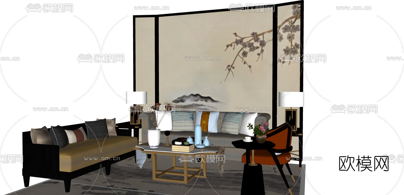新中式布艺组合沙发su模型下载（渲染图2）