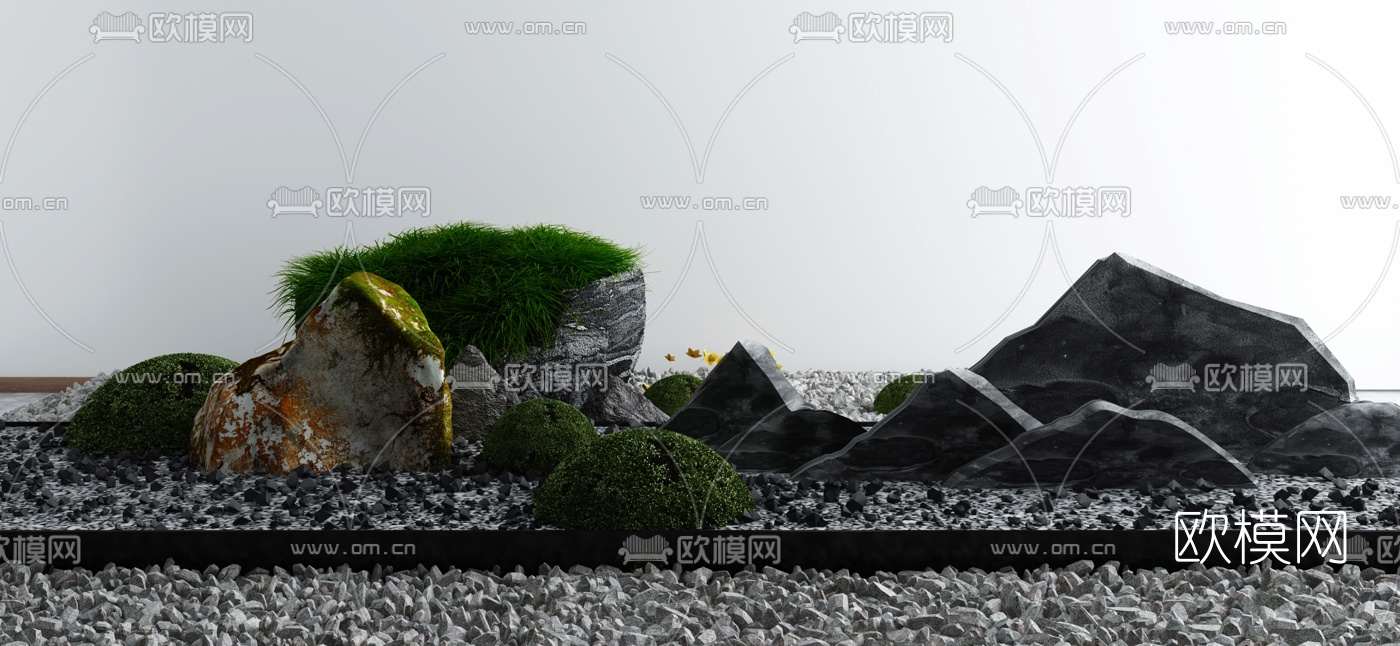 新中式假山灌木景观小品3d模型