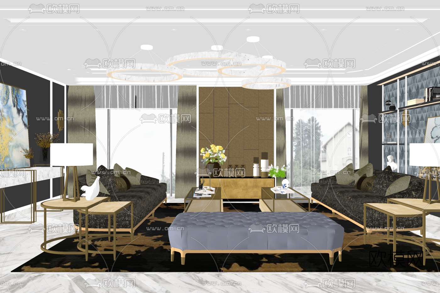 现代布艺组合沙发免费su模型下载