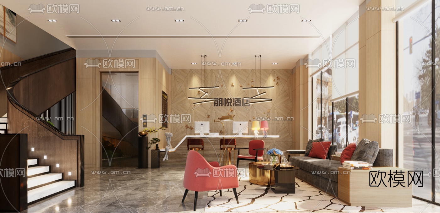 现代快捷酒店前台大厅3d模型