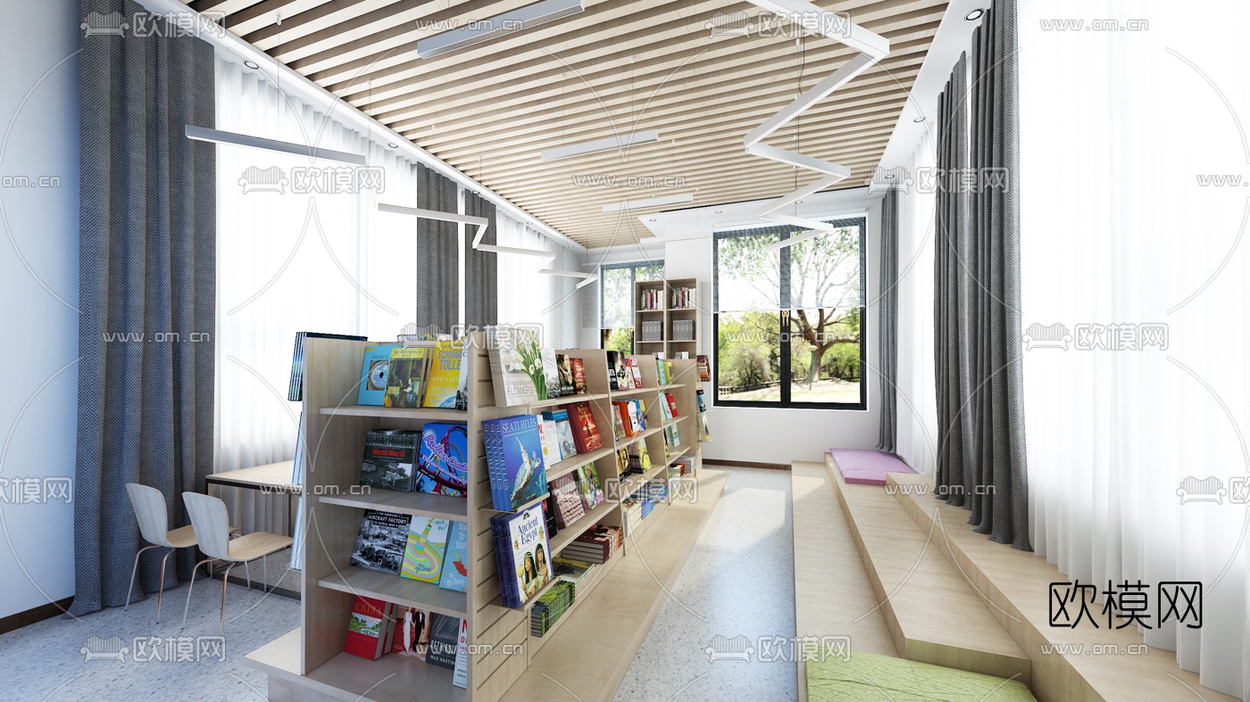 现代阅览室免费3d模型下载（渲染图2）