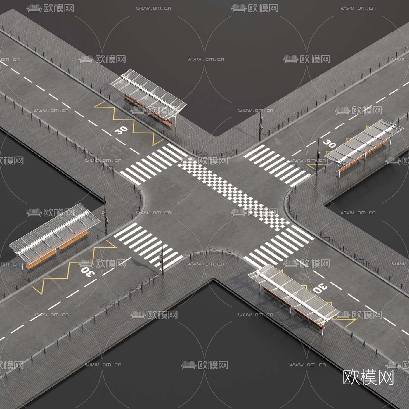 现代十字路口马路道路3d模型下载 3dmax模型免费下载 欧模网 