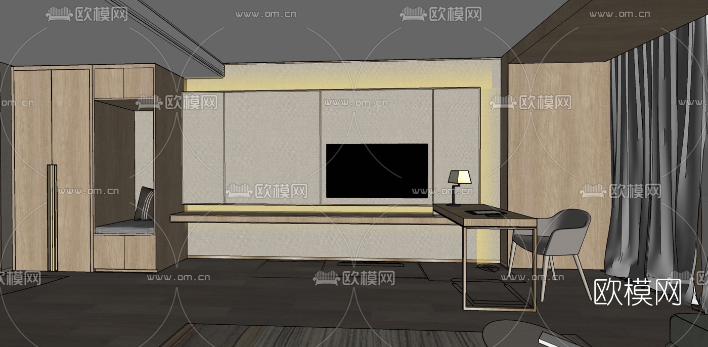 现代轻奢酒店客房标准间su模型下载（渲染图2）