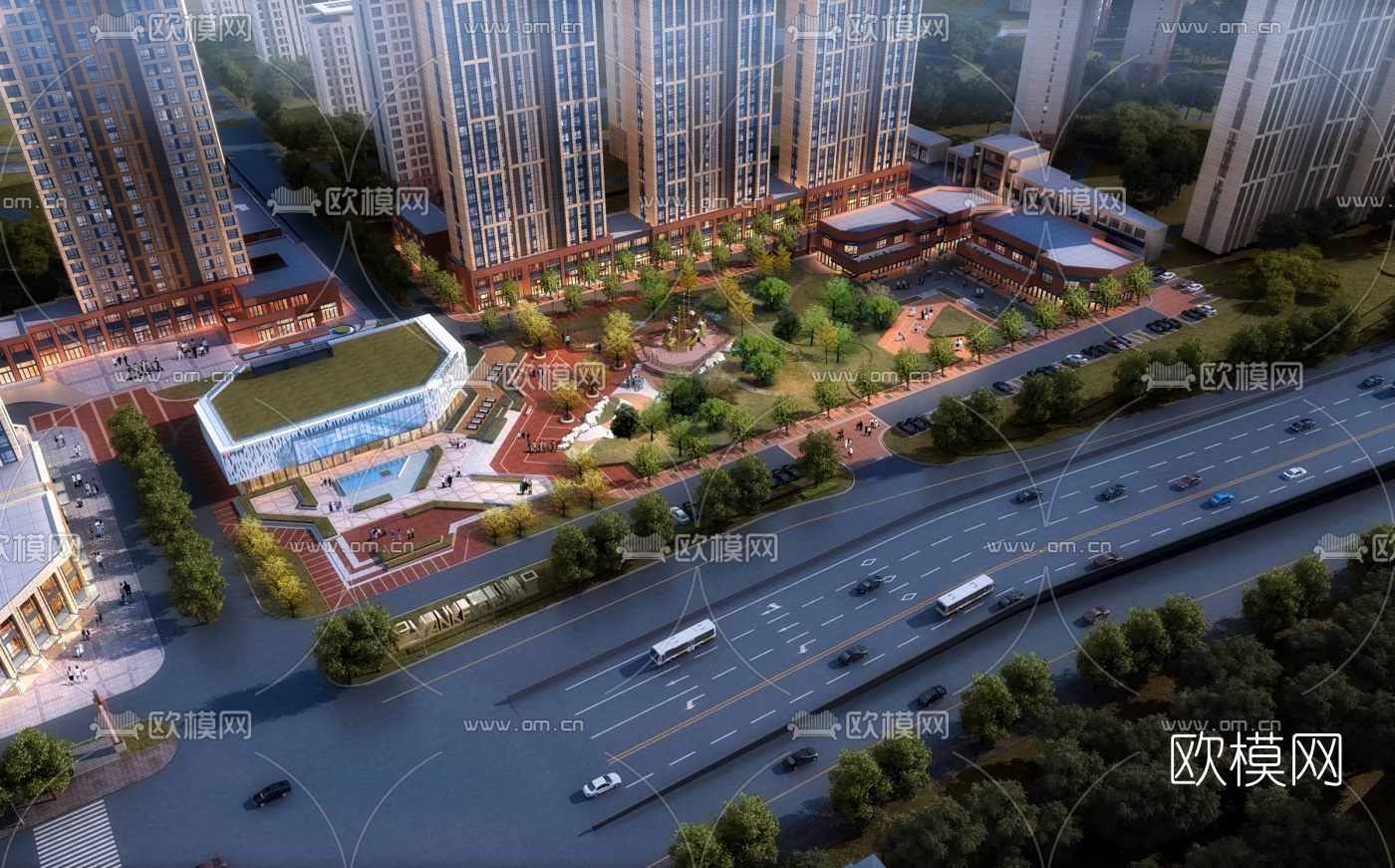 现代商业楼盘鸟瞰规划3d模型