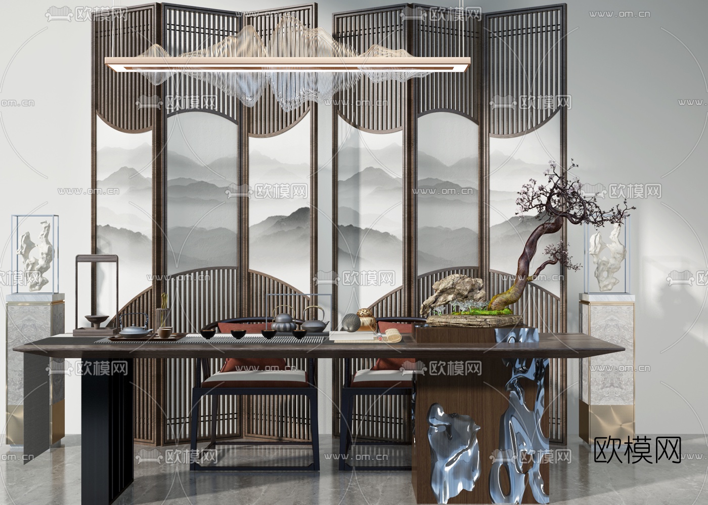 新中式实木茶桌椅3d模型下载