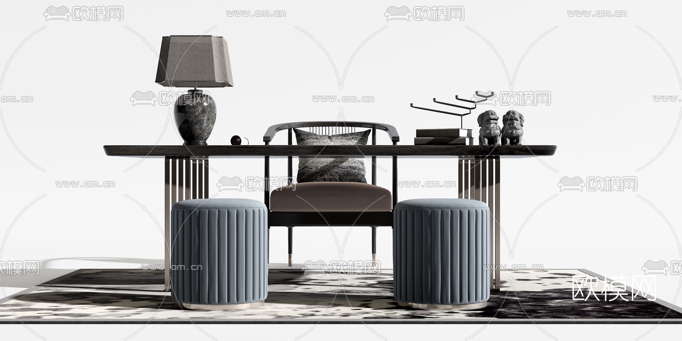 新中式书桌椅3d模型下载（渲染图2）