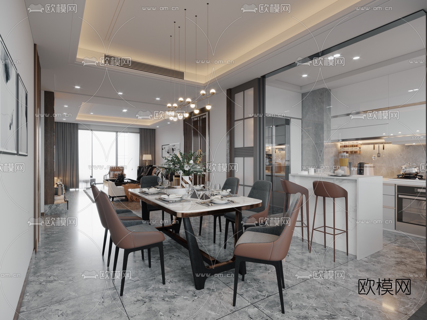 现代轻奢客厅餐厅厨房3d模型下载（渲染图2）
