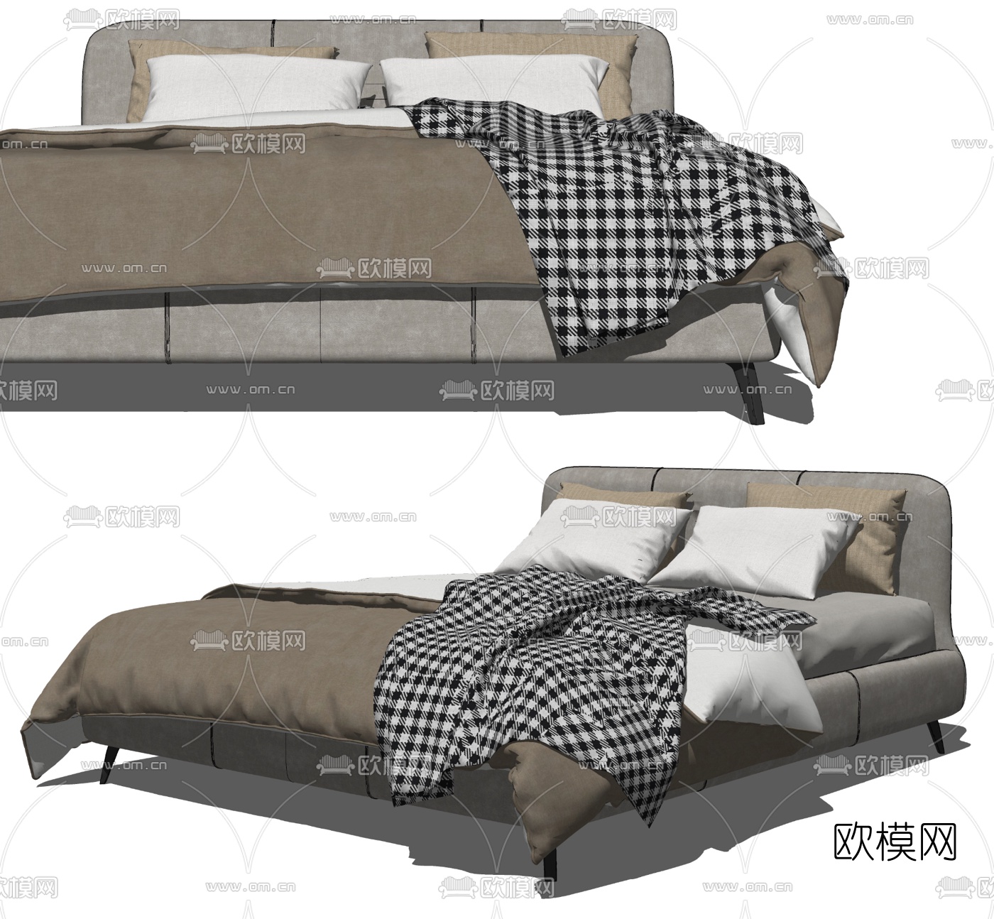 现代双人床su模型下载（渲染图2）