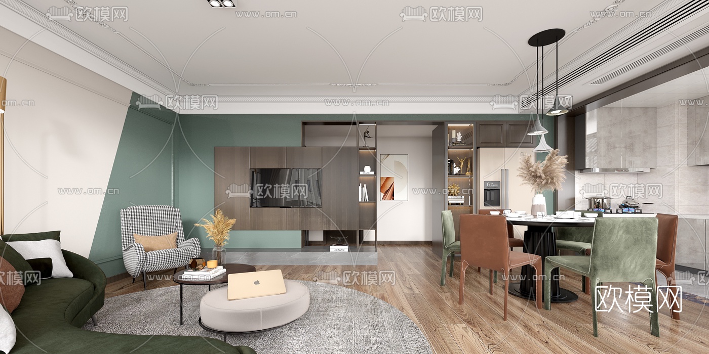 简欧简约客厅餐厅3d模型下载（渲染图2）