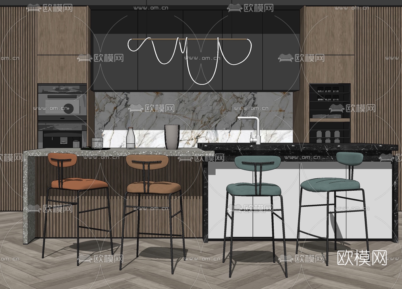 现代厨房吧台su模型下载