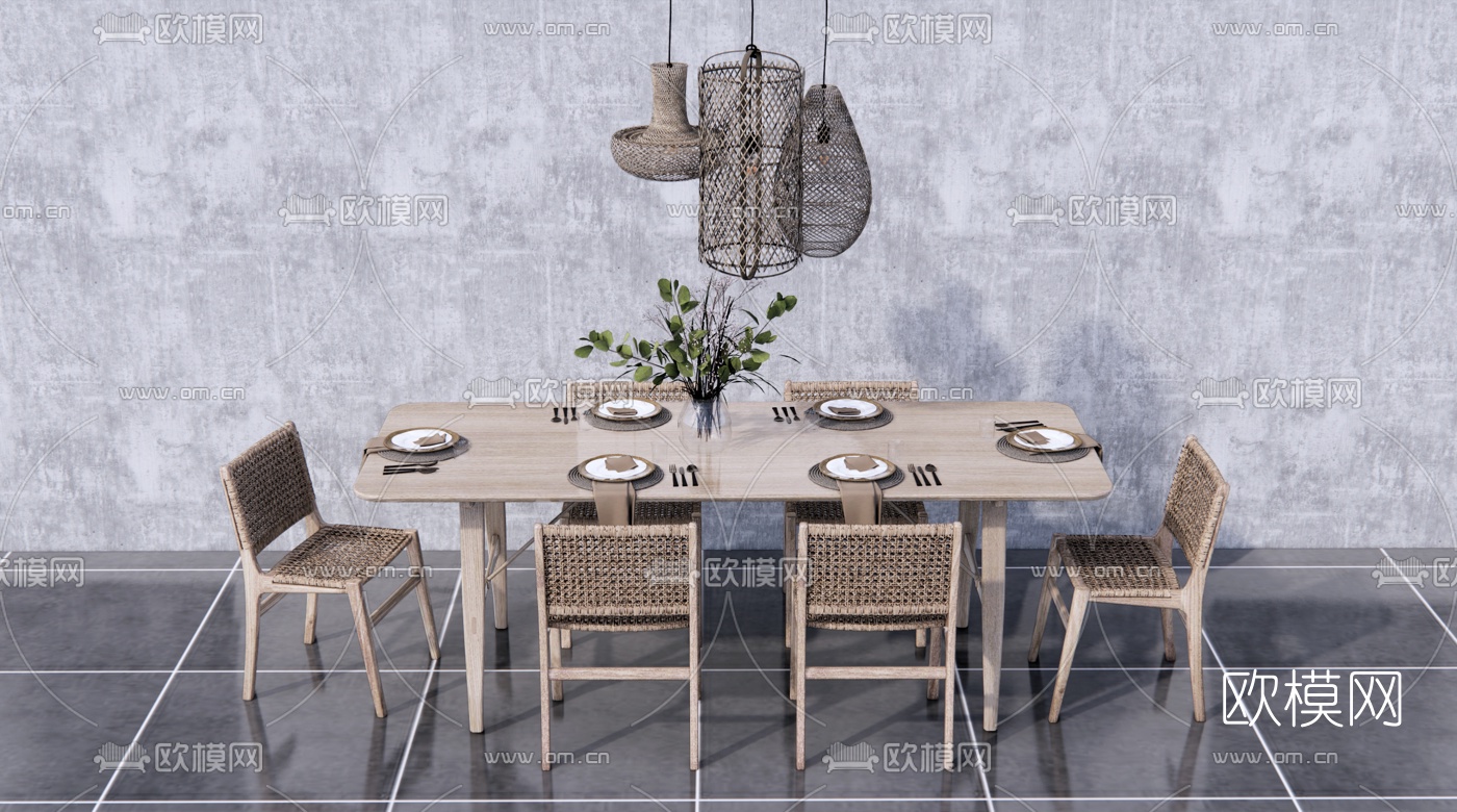 北欧实木餐桌椅su模型下载（渲染图1）