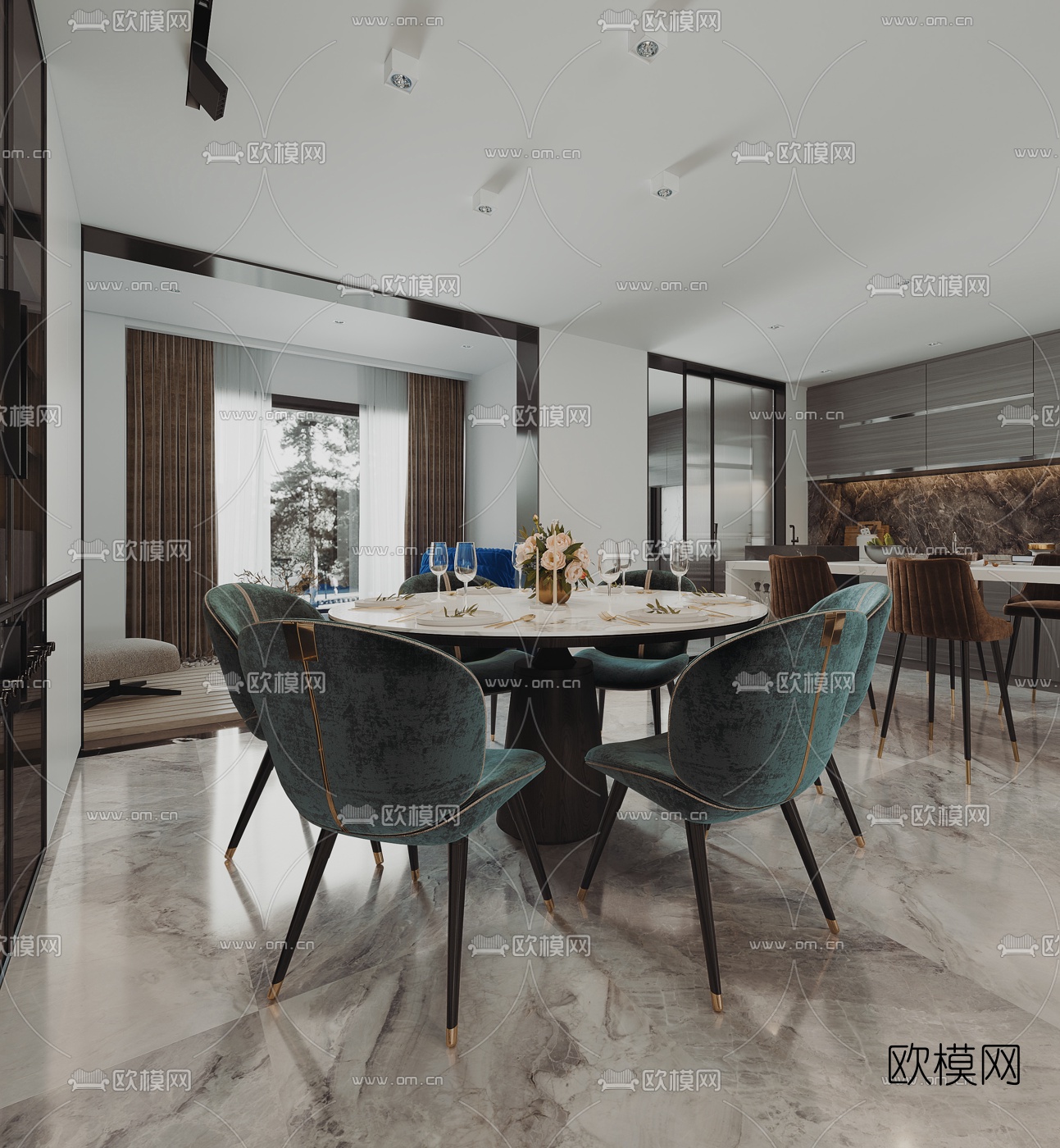 现代轻奢别墅大堂餐厅3d模型下载（渲染图5）