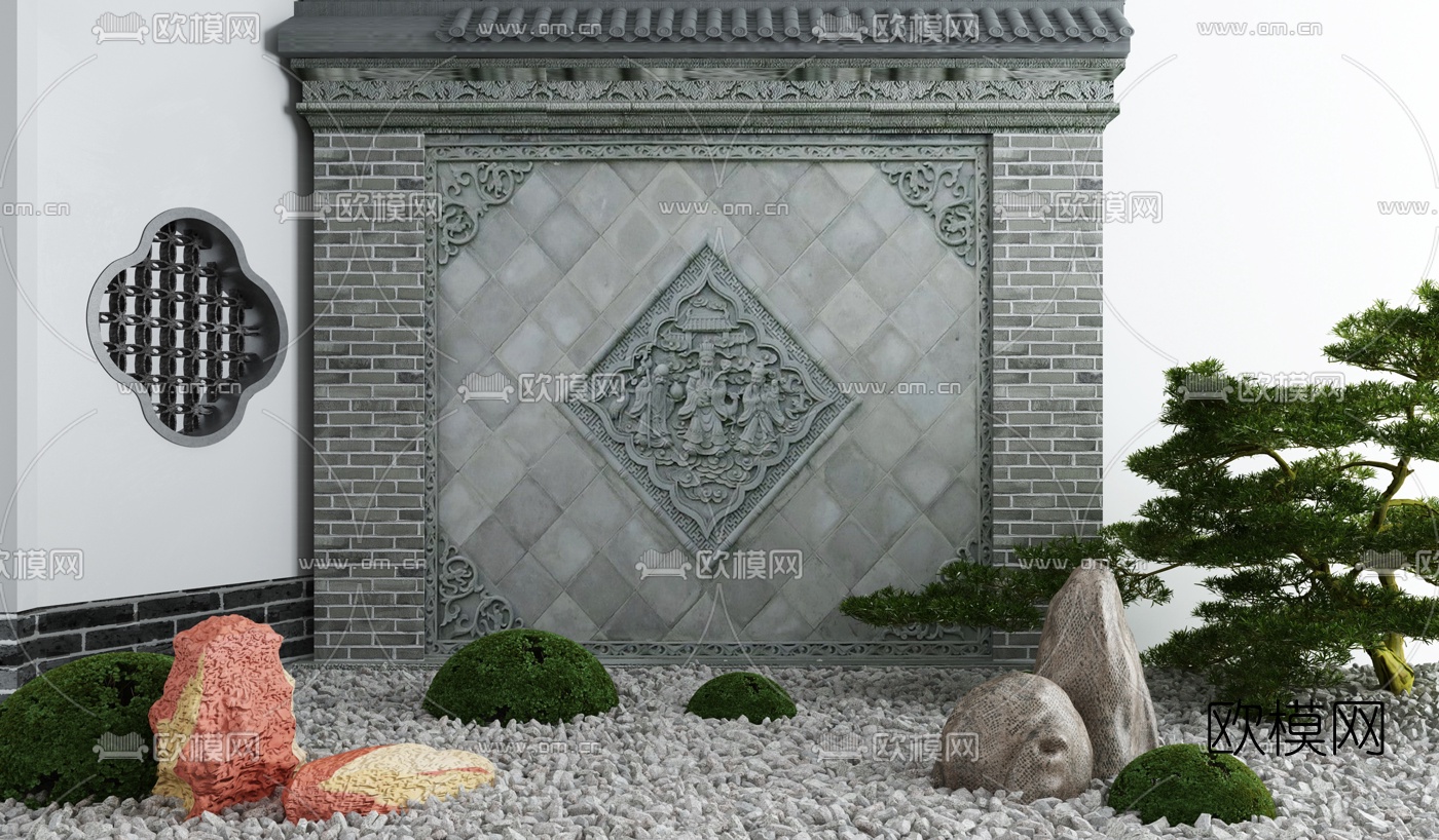 新中式庭院景墙小品3d模型下载