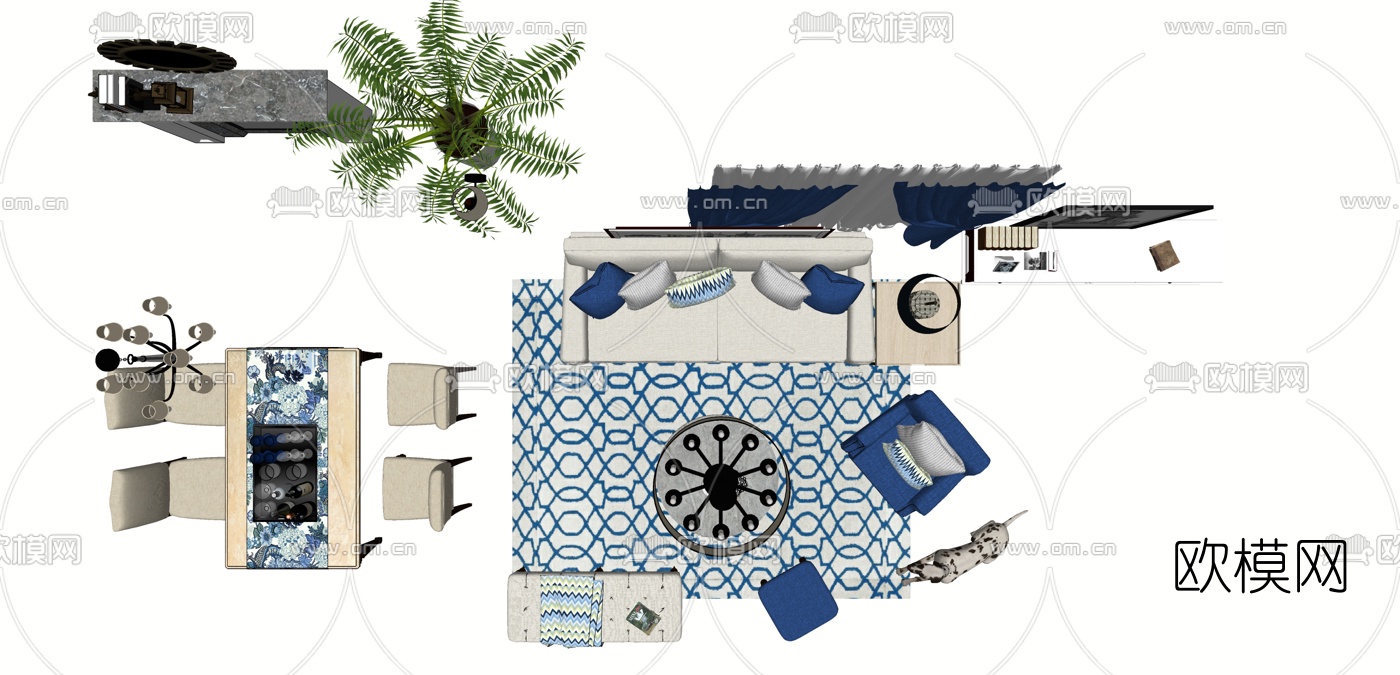 美式布艺组合沙发su模型下载（渲染图3）