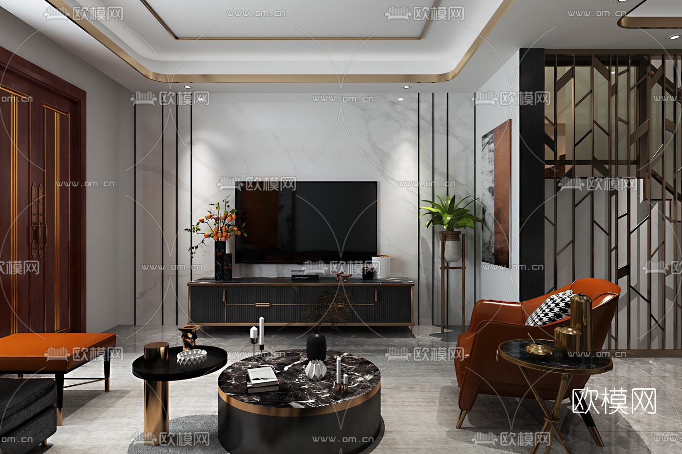 现代轻奢客餐厅免费3d模型下载（渲染图2）