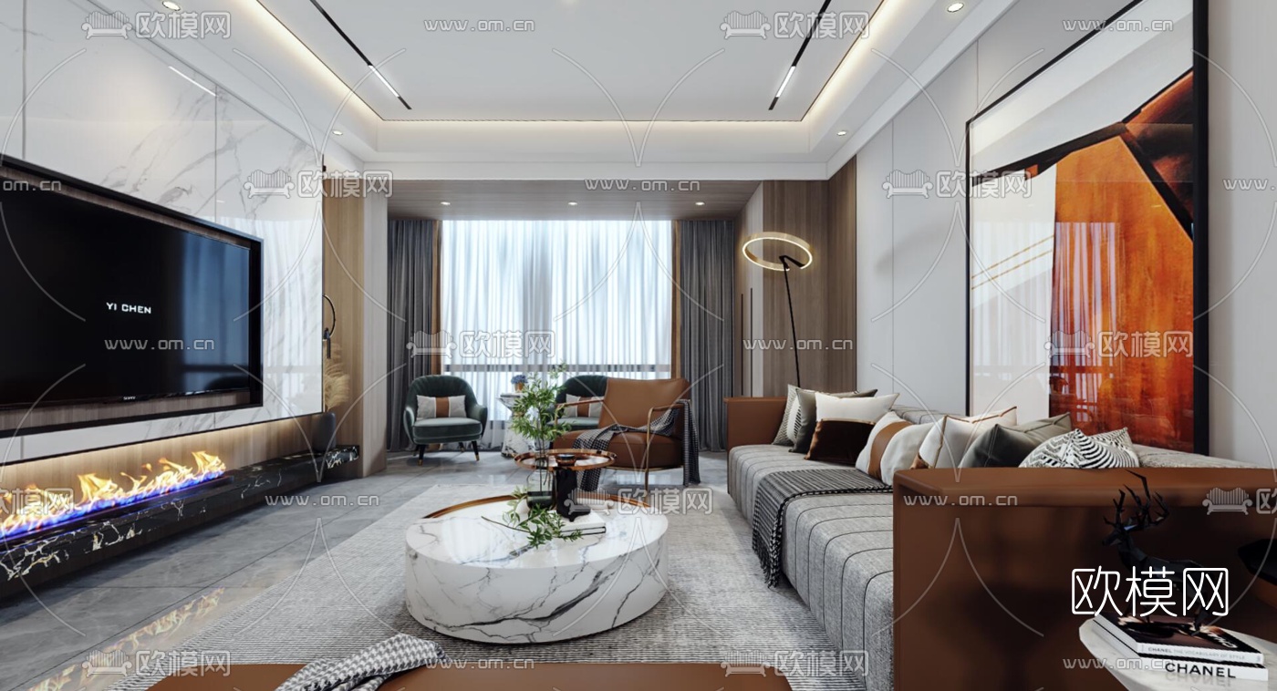 现代轻奢客厅餐厅vr全景3d模型