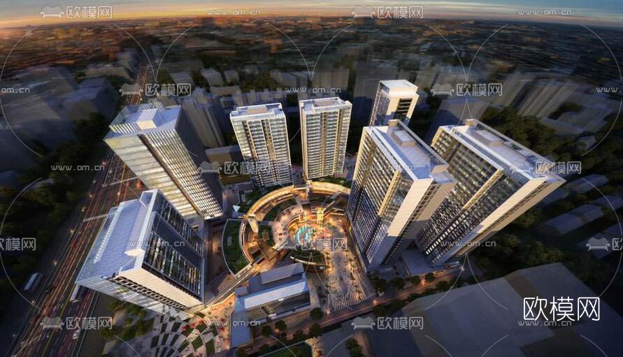 现代办公园区鸟瞰夜景su模型下载（渲染图2）