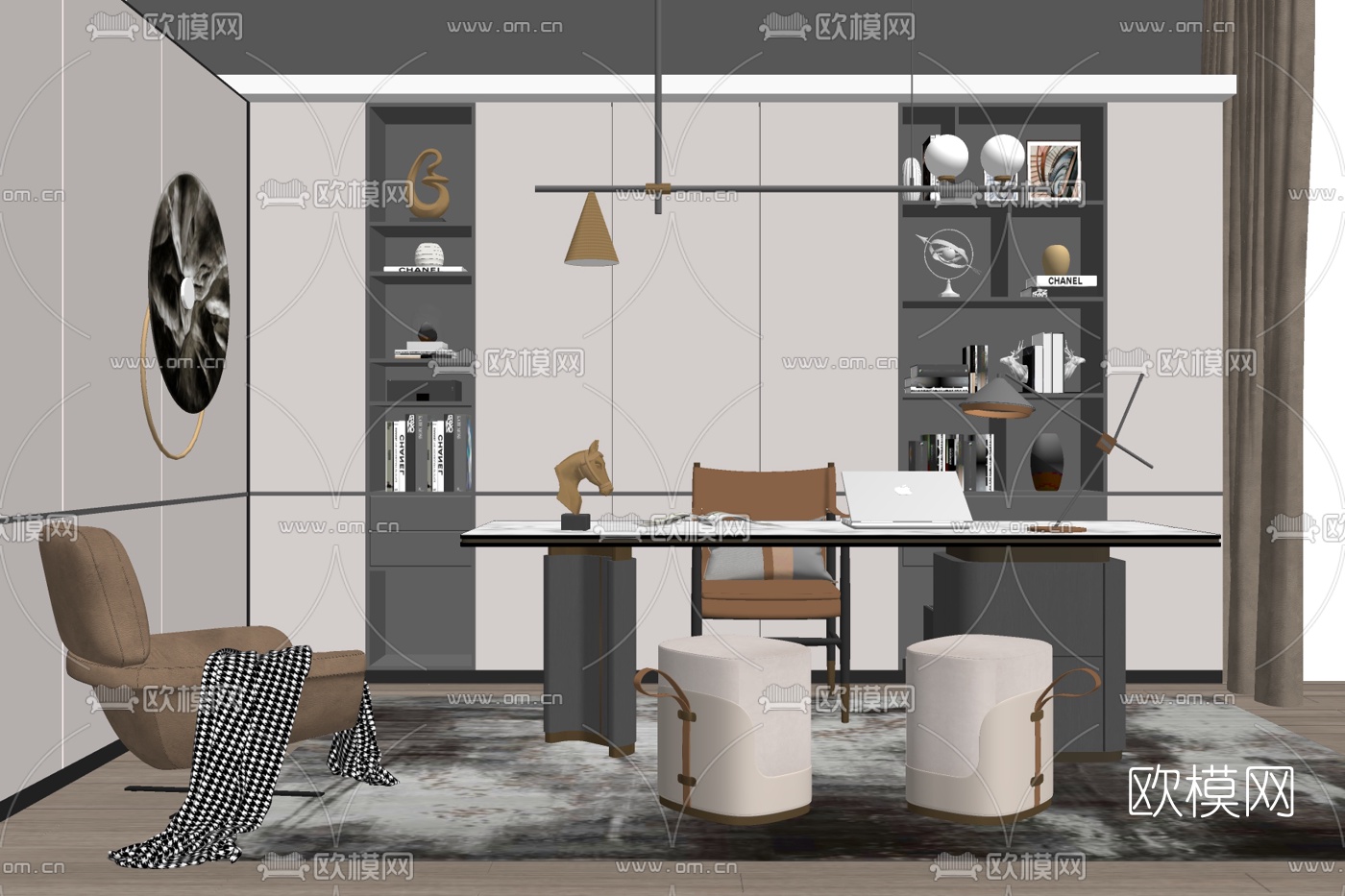 现代轻奢班台桌su模型下载