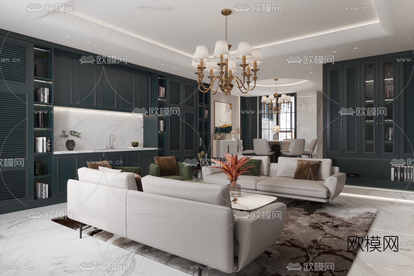 简欧客厅餐厅3d模型下载（渲染图1）