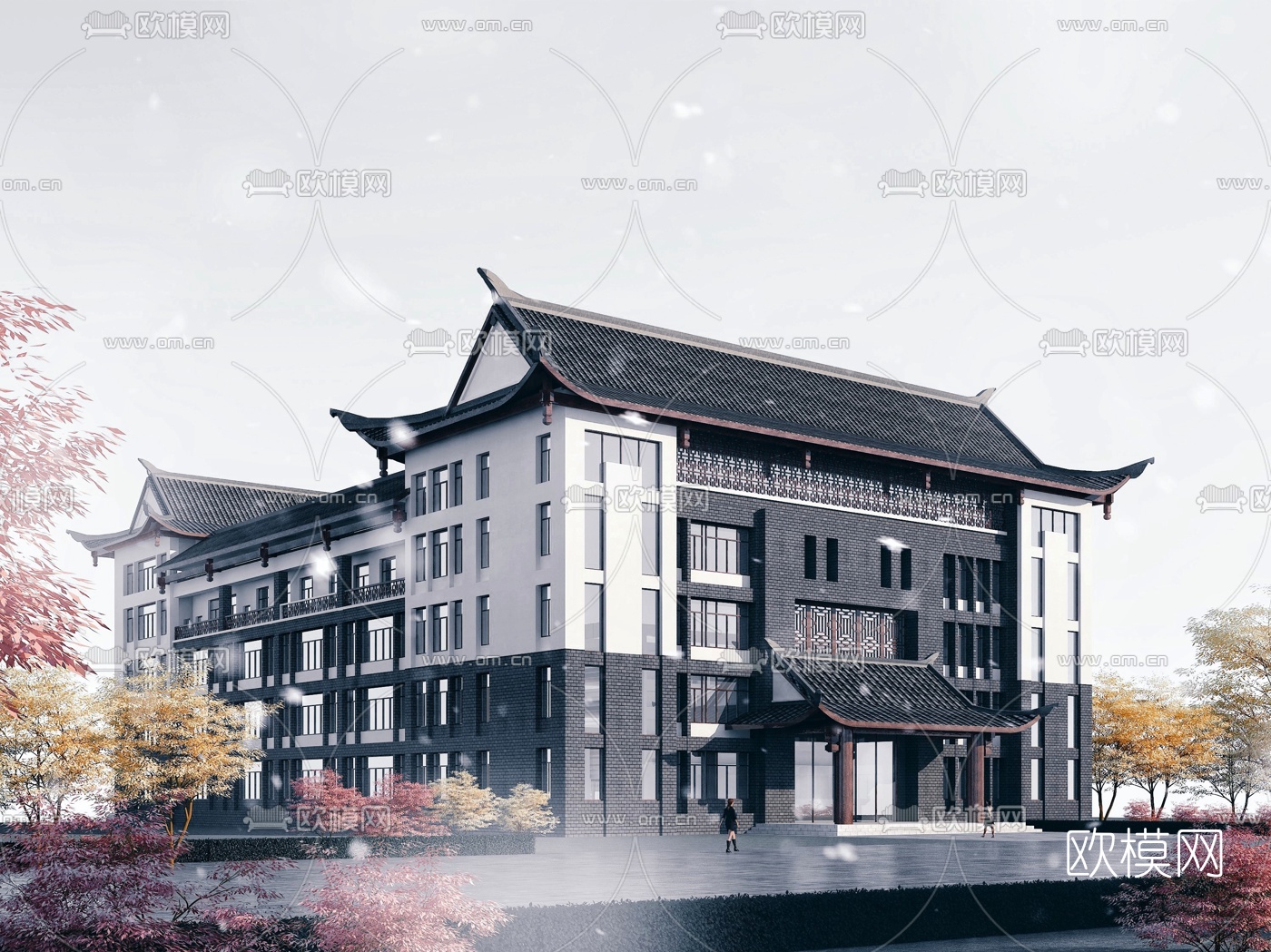 中式酒店外观3d模型下载