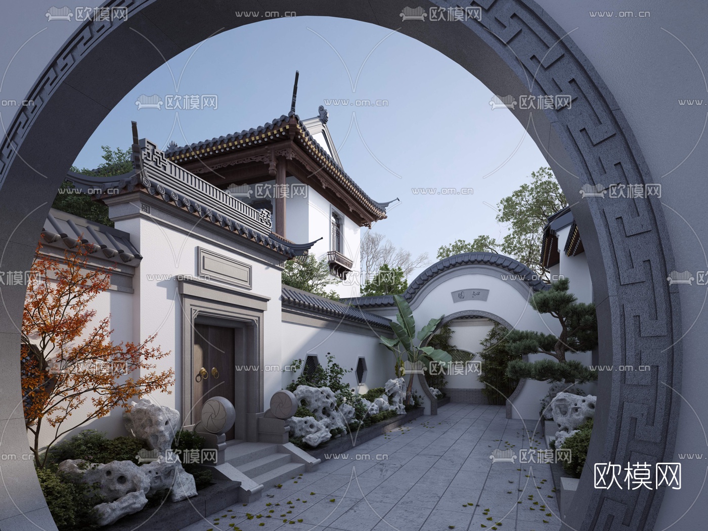 中式古建前院景观su模型下载（渲染图1）