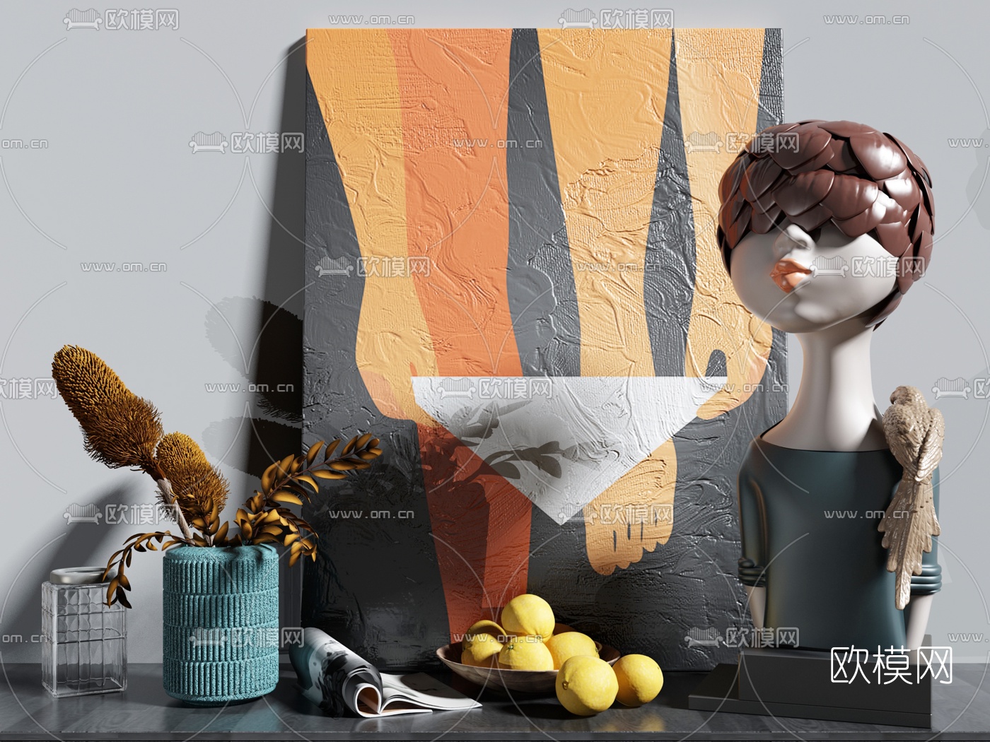 现代人头像柠檬花卉摆件3d模型
