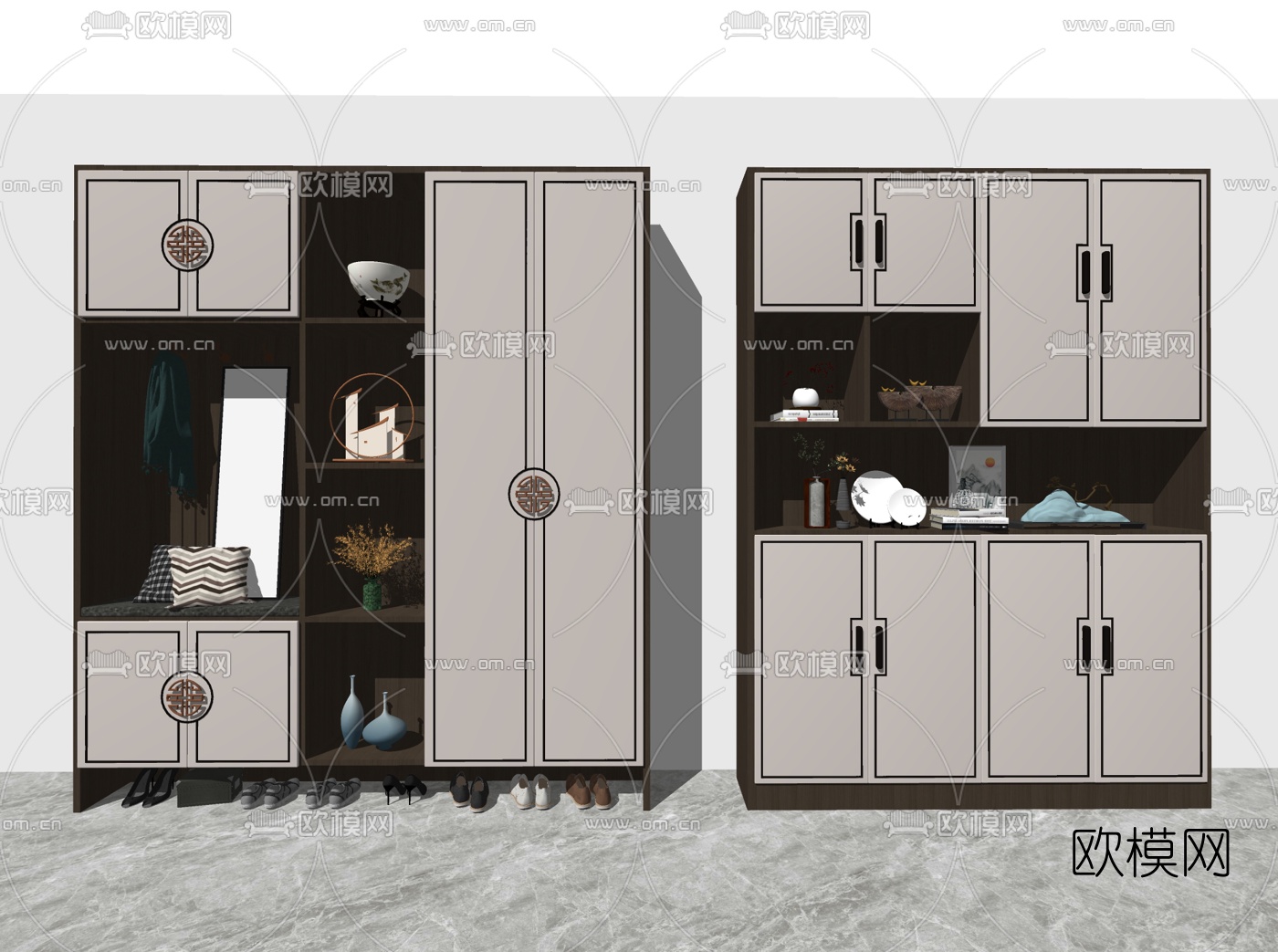 新中式鞋柜鞋架su模型下载（渲染图2）