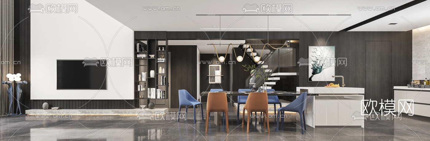 现代别墅客厅餐厅3d模型下载（渲染图2）