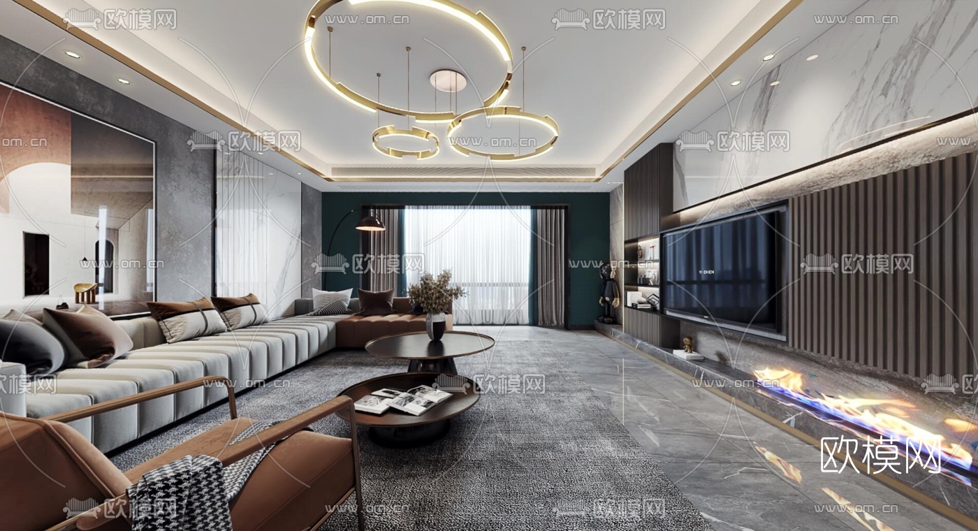 现代轻奢客厅餐厅vr全景3d模型
