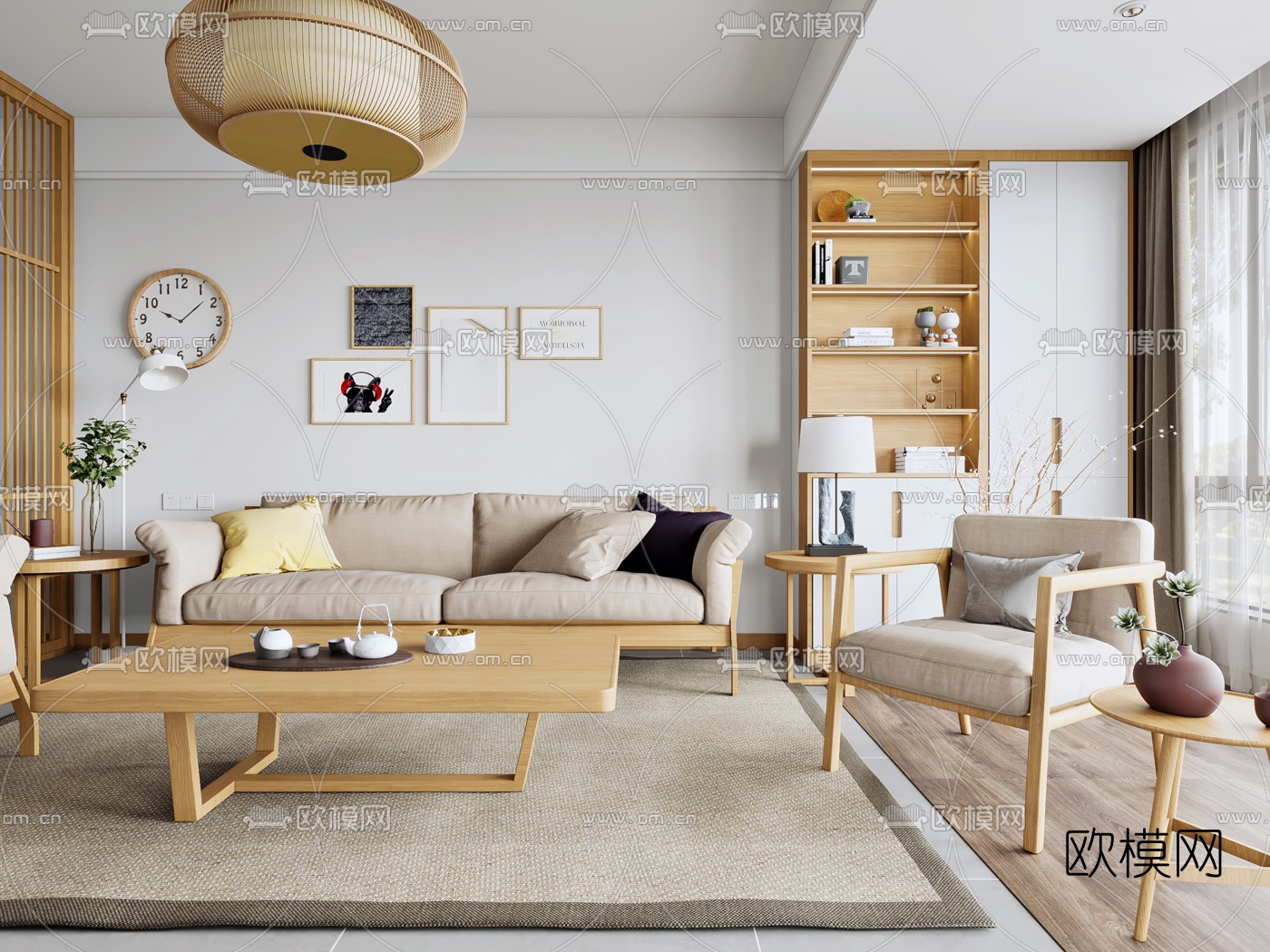 日式客厅餐厅3d模型下载（渲染图1）