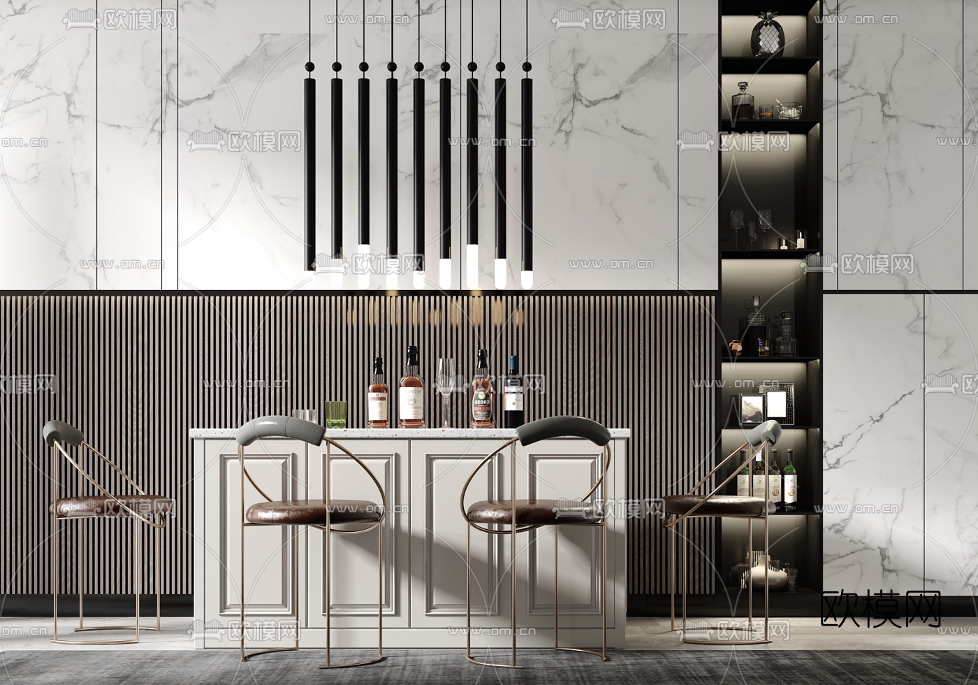现代轻奢吧台su模型下载（渲染图1）