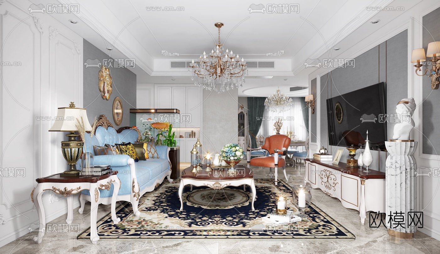 简欧客厅餐厅3d模型下载（渲染图1）